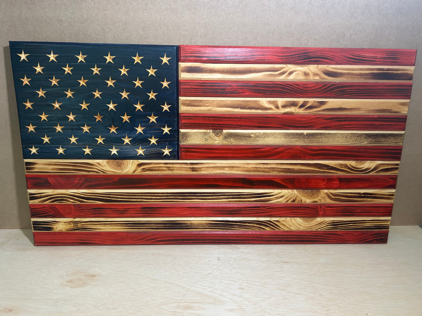 Handcrafted Wooden American Flag – Rustic Pine, Torched Finish, CNC Stars, Outdoor-Protected, Made in USA