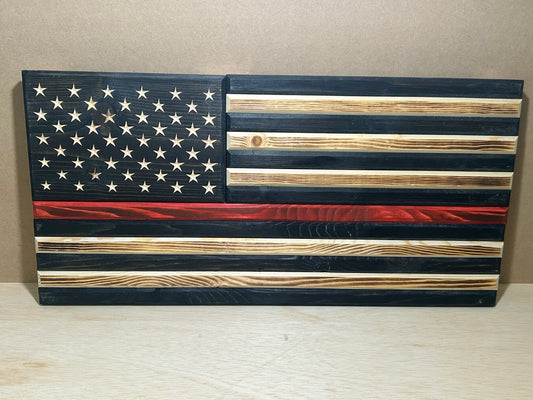 Handcrafted Red Line Wooden American Flag – Rustic Pine, Torched Finish, CNC Stars, Outdoor-Protected, Made in USA