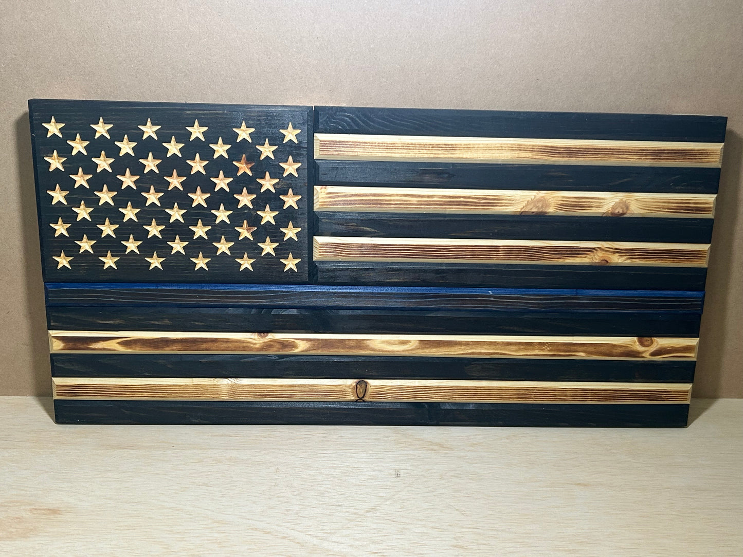 Handcrafted Blue Line Wooden American Flag – Rustic Pine, Torched Finish, CNC Stars, Outdoor-Protected, Made in USA
