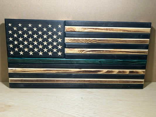 Handcrafted Green Line Wooden American Flag – Rustic Pine, Torched Finish, CNC Stars, Outdoor-Protected, Made in USA