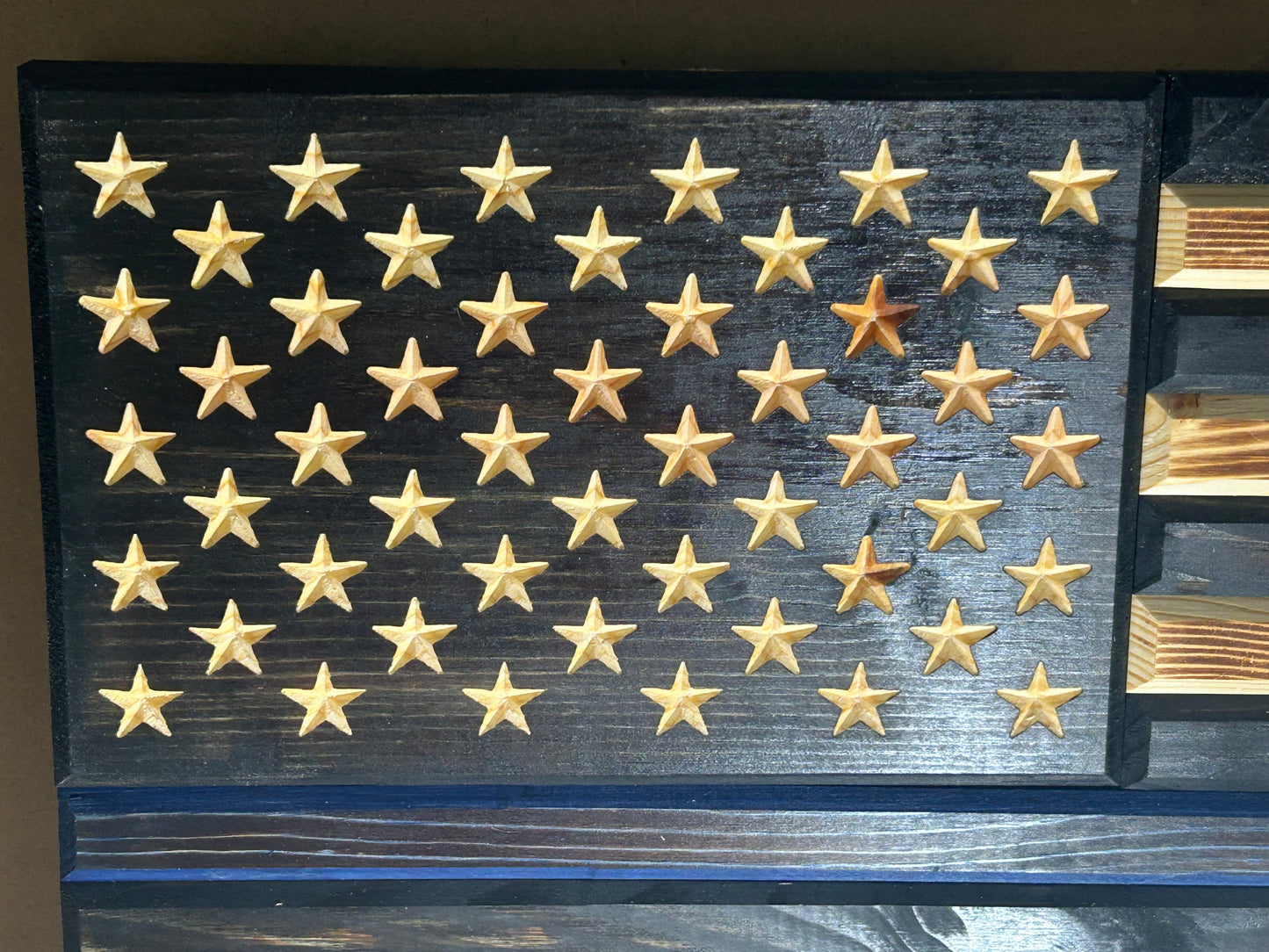 Handcrafted Blue Line Wooden American Flag – Rustic Pine, Torched Finish, CNC Stars, Outdoor-Protected, Made in USA