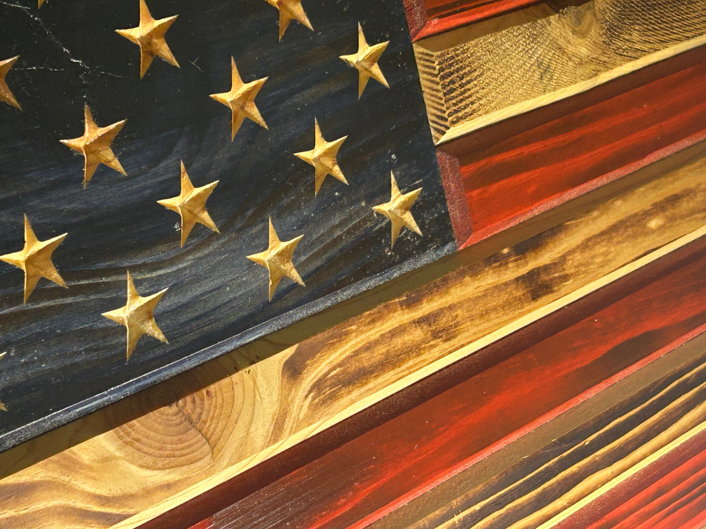 Handcrafted Wooden American Flag – Rustic Pine, Torched Finish, CNC Stars, Outdoor-Protected, Made in USA