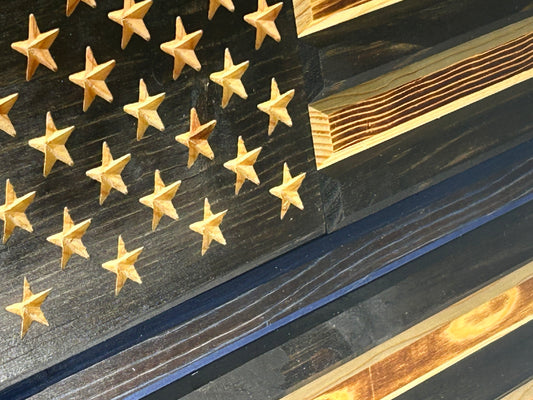 Handcrafted Blue Line Wooden American Flag – Rustic Pine, Torched Finish, CNC Stars, Outdoor-Protected, Made in USA