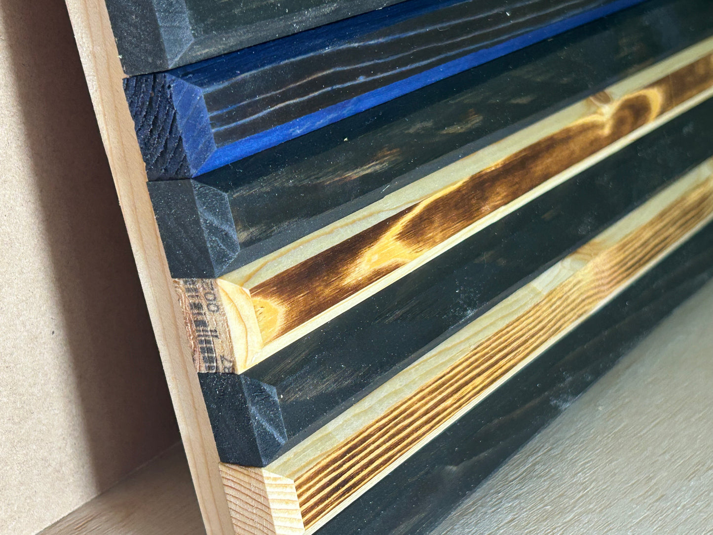 Handcrafted Blue Line Wooden American Flag – Rustic Pine, Torched Finish, CNC Stars, Outdoor-Protected, Made in USA